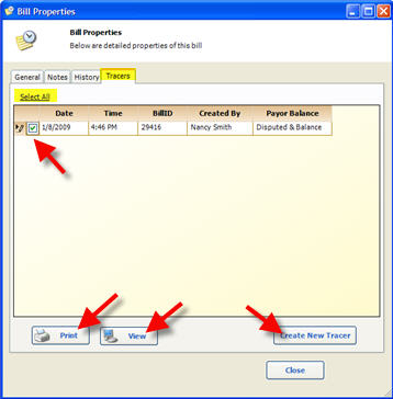 Billing Billing View Properties of Bill Tracers Tab